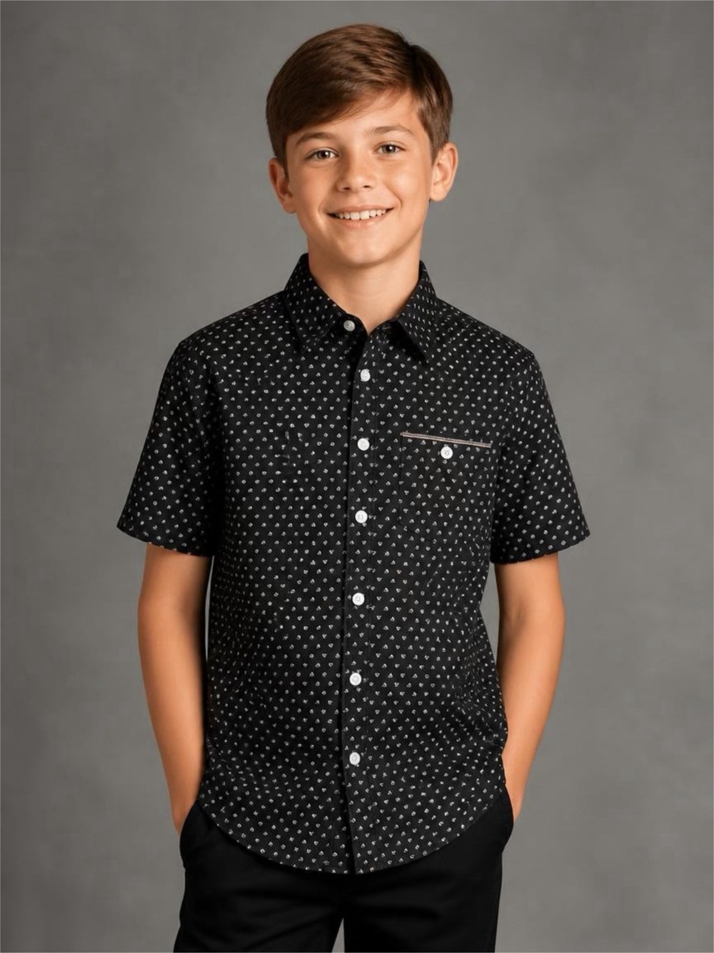 Boys Black Short-Sleeve Button-Down Shirt with Micro Dot Print